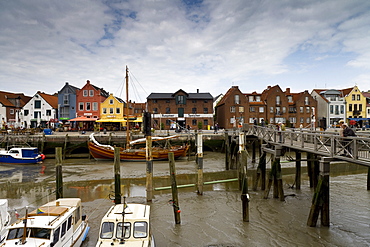 Harbour in Husum under clouded sky, Northern Frisia, Schleswig-Holstein, Germany, Europe