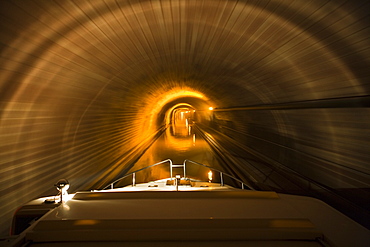 Le Boat Grand Classique houseboat in a tunnel on Canal de la Marne au Rhin, Arzviller, Lorraine, France