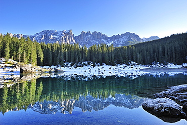 Lake Karersee with Latemar mountain range in the background, Dolomites, UNESCO World Heritage Site, South Tyrol, Italy