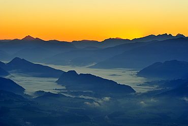 View to Walchsee valley, Chiemgau Alps and Berchtesgaden Alps from Brunnstein, Bruennstein, Bavarian Alps, Upper Bavaria, Bavaria, Germany