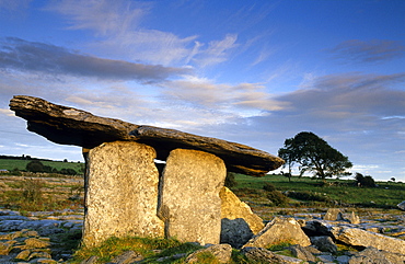 Poulnabrone Dolmen in the Burren under clouded sky, County Clare, Ireland, Europe