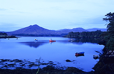 Fishing boats off shore in the evening, Ring of Beara, Beara peninsula, County Kerry, Ireland, Europe