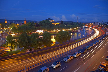 View of streets and the river Saar in the evening, Saarbruecken, Saarland, Germany, Europe