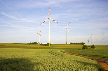 Agricultural landscape with wind wheels near Bueschdorf, Saarland, Germany, Europe