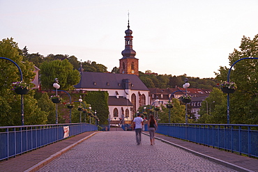 View at the castle church and the old bridge in the evening, Saarbruecken, Saarland, Germany, Europe