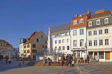 St. Johann marketplace with fountain in the sunlight, Saarbruecken, Saarland, Germany, Europe