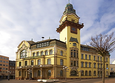 Old town hall under clouded sky, Altes Rathaus, Voelklingen, Saarland, Germany, Europe