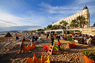 Beach at Carlton hotel at the Croisette, Cannes, Cote d'Azur, South France, Europe