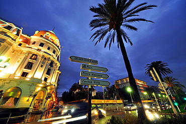 The illuminated Negresco hotel in the evening, Nice, Cote d'Azur, South France, South France, Europe