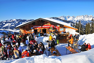 Hut in the skiarea Ehrenbachhoehe over Kitzbuehel, Winter in Tyrol, Austria, Europe