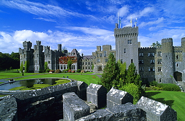 View at the old walls and battlements of Ashford Castle, County Mayo, Ireland, Europe