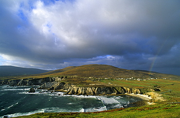 Coast area and ocean under rain clouds, Achill Island, County Mayo, Ireland, Europe