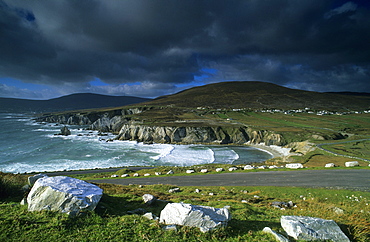 Coast area and ocean under rain clouds, Achill Island, County Mayo, Ireland, Europe