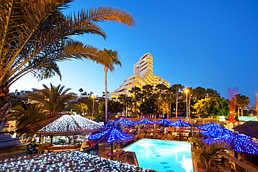 Hotel and Bar in the evening, Playa de Ingles, Gran Canaria, Canary Islands, Spain