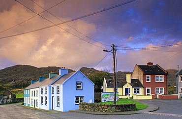 Colourful houses under clouded sky, Allihies, Beara peninsula, County Cork, Ireland, Europe