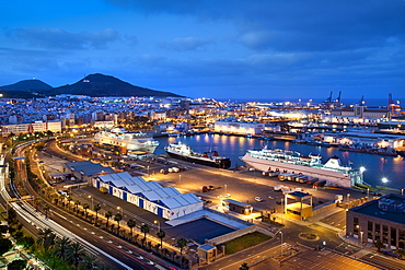 The illuminated harbour in the evening, Puerto de la Luz, Las Palmas, Gran Canaria, Canary Islands, Spain, Europe