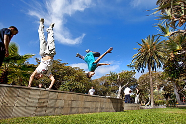 Acrobats at the park, Parque San Telmo, Las Palmas, Gran Canaria, Canary Islands, Spain, Europe