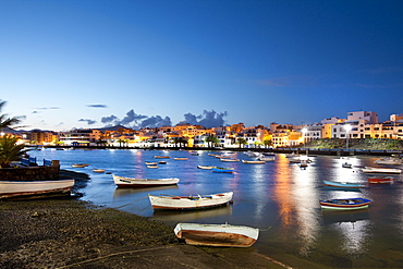 Illuminated houses at Charco de San Gines in the evening, Arrecife, Lanzarote, Canary Islands, Spain, Europe