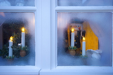 Window with christmas decorations, Gengenbach, Black Forest, Baden-Wuerttemberg, Germany