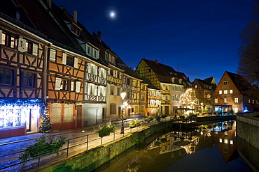 Historic quarter in winter, Reflection in the river, Colmar, Alsace, France