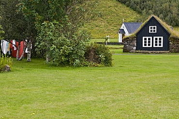 Church and traditional house in Skogar museum, Skogar, Iceland, Scandinavia, Europe