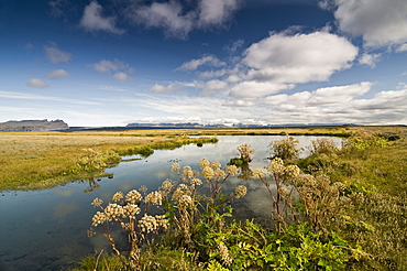 Reflection of clouds in a river, Skaftafell National Park, Iceland, Scandinavia, Europe