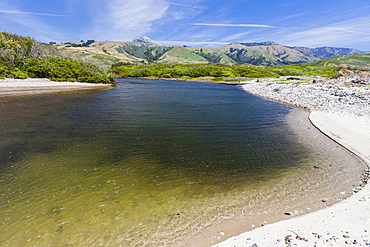 Stream mouth and hills near the Pacific, Big Sur Coast, California, USA, America