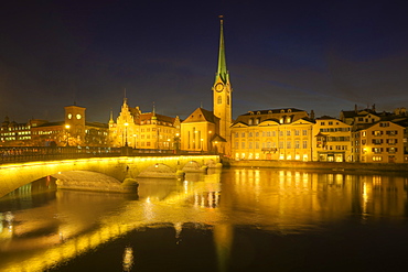 Munster bridge with Frauenmunster at dusk, Zurich, Switzerland