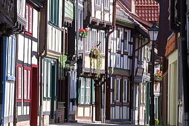 Kochstrasse, street with timber framed houses, old town, Wernigerode, Harz, Saxony-Anhalt, Germany