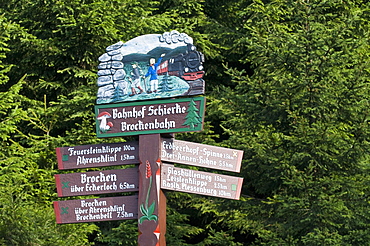 Wooden sign, carved wooden sign, railway station Schierke, Harz, Saxony-Anhalt, Germany