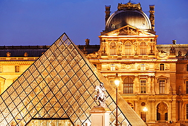 Louvre and the pyramid by I.M. Pei in the evening, Paris, France, Europe