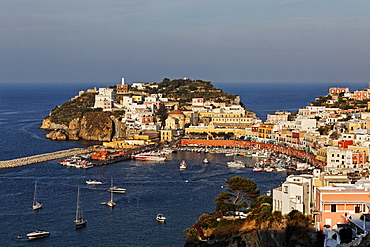 View of the port and the town of Ponza, Island of Ponza, Pontine Islands, Lazio, Italy, Europe