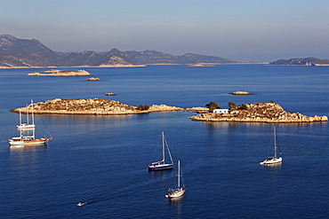 View of small rocky islands and the turkish coast, Kastelorizo Megiste, Dodecanese Islands, Greece, Europe