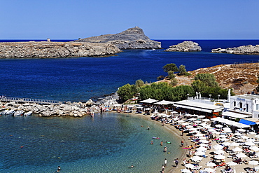 Pallas Beach in the sunlight, Lindos, Rhodes, Dodecanese Islands, Greece, Europe