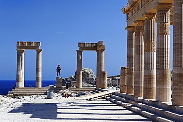 Reconstructed columns of the acropolis, Lindos, Rhodes, Dodecanese Islands, Greece, Europe