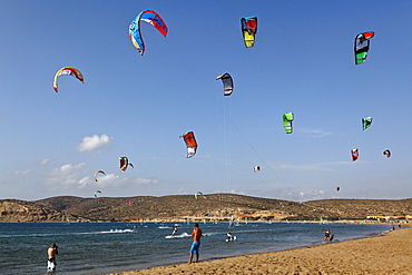 Kite surfing at Prasonisi beach, Prasonisi peninsula, Rhodes, Dodecanese Islands, Greece, Europe