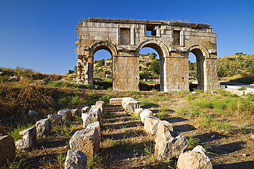 Triple arched gateway of ancient Patara, Triumphal arch of Metius Modestus, lycian coast, Mediterranean Sea, Turkey