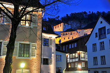 Illuminated castle and old town in the evening, Feldkirch, Vorarlberg, Austria, Europe