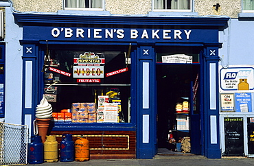 Blue painted facade of O'Briens bakery shop, Ennistymon, County Clare, Ireland, Europe