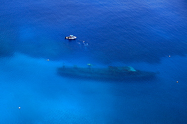 Aerial view of Kittiwake shipwreck artificial reef dive site, Grand Cayman, Cayman Islands, Caribbean