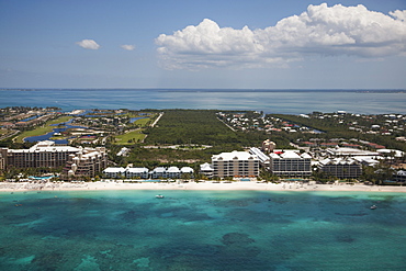 Aerial of hotels along beach, George Town, Grand Cayman, Cayman Islands, Caribbean