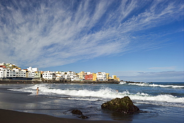 Beach under clouded sky, Playa Jardin, Puerto de la Cruz, Tenerife, Canary Islands, Spain, Europe