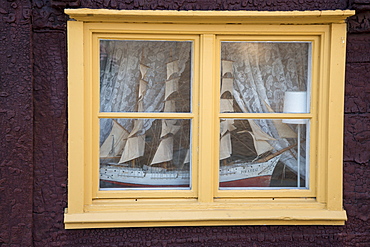 Model of sailing ship in a window, Visby, Gotland, Sweden, Europe