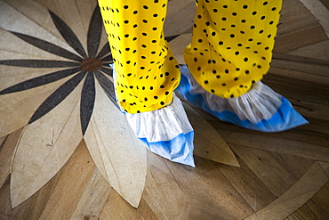 Shoes with protective slippers on wooden floor of Catherine Palace, Tsarskoye Selo, Pushkin, St. Petersburg, Russia, Europe