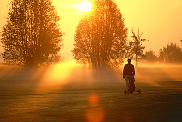 Silhouette of a man playing golf in the sunset, golf course near Starnberg, Upper Bavaria, Germany