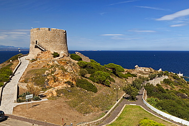 Ancient watchtower at the entrance of the harbor in Santa Teresa di Gullara, Sardinia, Italy, Europe