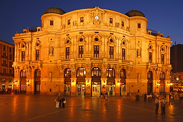 The illuminated Teatro Arriaga theatre in the evening, Plaza de Arriaga, Bilbao, Province of Biskaia, Basque Country, Euskadi, Northern Spain, Spain, Europe