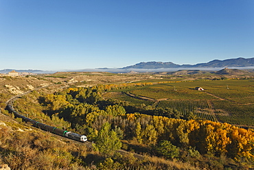 railway line along Ebro river, Rio Ebro, vinyards, near Haro, autumn, La Rioja, Northern Spain, Spain, Europe