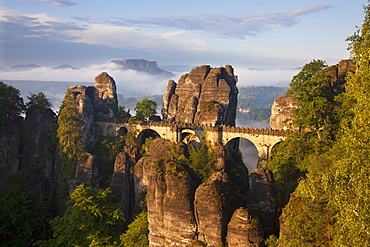 View from Felsenburg Neurathen onto Bastei Bridge, Bastei Rocks, and Lilienstein Rock, National Park Saxon Switzerland, Elbe Sandstone Mountains, Saxony, Germany, Europe