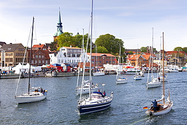 Sailing boats at harbour, Kappeln, Schlei fjord, Baltic Sea, Schleswig-Holstein, Germany, Europe